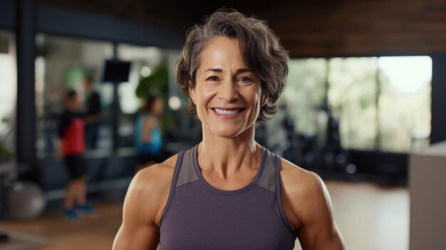 Photo a woman in a purple tank top standing in a gym