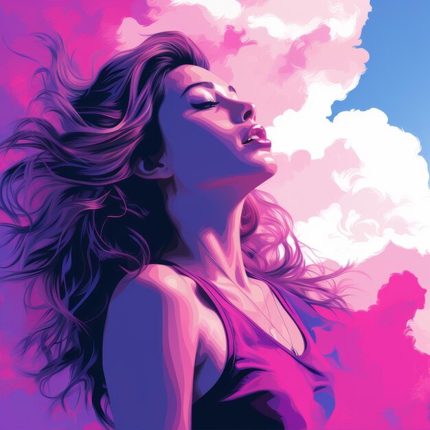 A woman in a purple top is in front of a blue sky and pink clouds