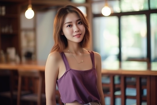 A woman in a purple top and a purple top stands in a bar with a window behind her.