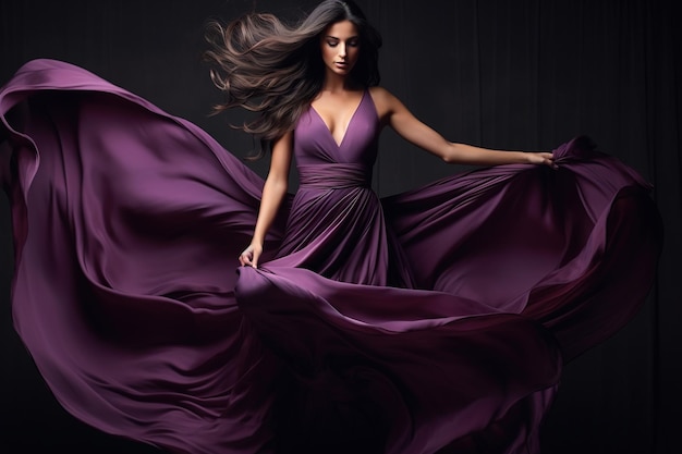 Woman in purple waving dress with flying fabric on dark studio background