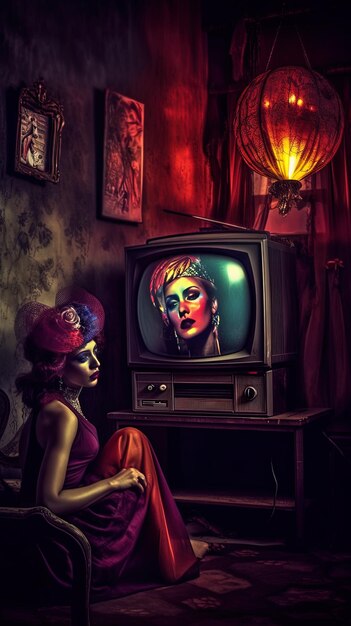 a woman in a purple wig sits in front of a tv with a woman on the screen