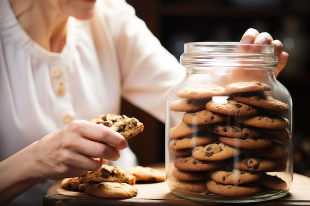 Foto la donna mette i biscotti nel vaso 8k di alta qualità