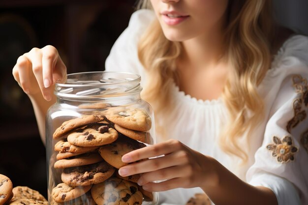 woman puts cookies into the vase 8k high quality