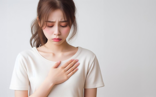 Photo woman puts her hand on her heart there is pain in the chest pain in the heart white background poor