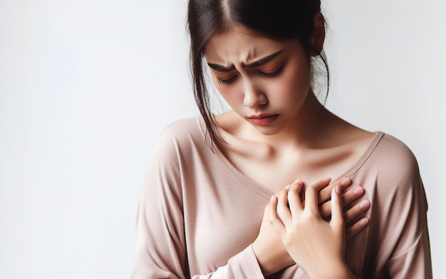 Foto la donna mette la mano sul suo cuore c'è dolore nel petto dolore nel cuore sfondo bianco povero