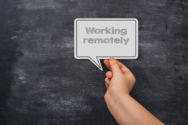 Woman puts paper with words Working Remotely on chalkboard