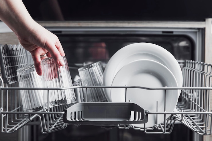 Photo woman puts a plate in the dishwasher or takes from it housewife does her housework