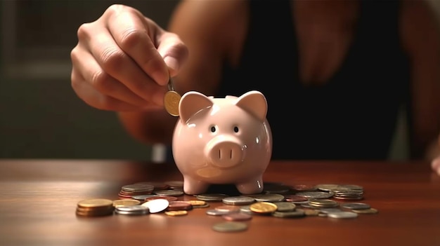 A woman putting a coin into a piggy bank