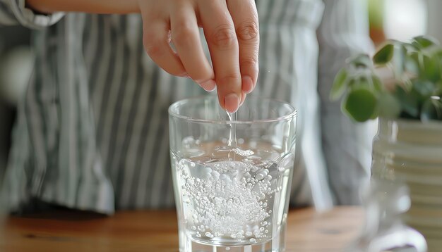 水のグラスに泡立つタブレットを注ぐ女性