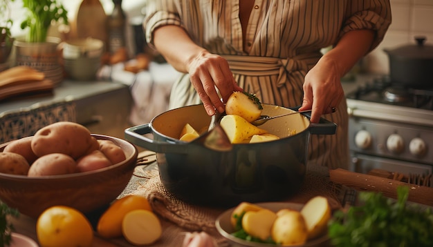 Woman putting peeled potato in pot at table in kitchen