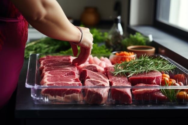 Foto donna che mette carne cruda nel frigorifero close-up del frigoriferi con prodotti a base di carne fresca