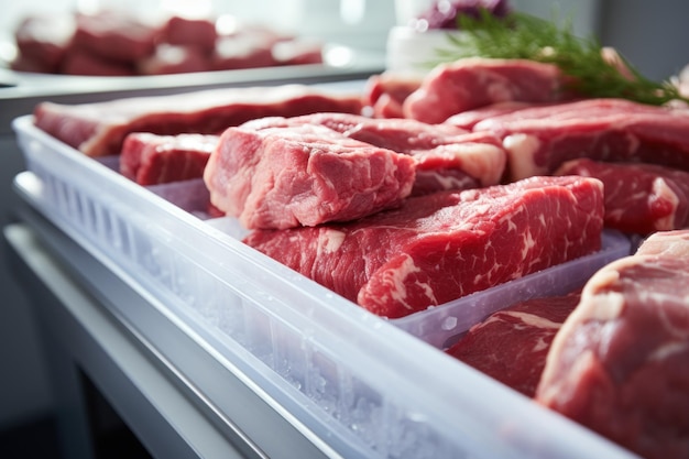 生肉を冷蔵庫に入れる女性新鮮な肉製品を入れた冷蔵庫のクローズアップ