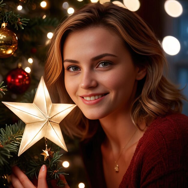 woman putting star ornament on christmas tree smiling