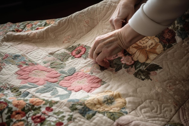 Woman quilting baby blanket with intricate pattern of flowers and swirls