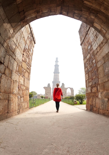 Woman at Qutub Minar complex in Delhi