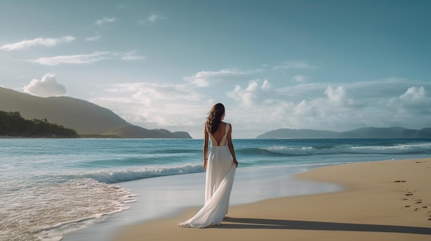 a woman radiates elegance in a luxurious white wedding dress as she stands on a tropical beach