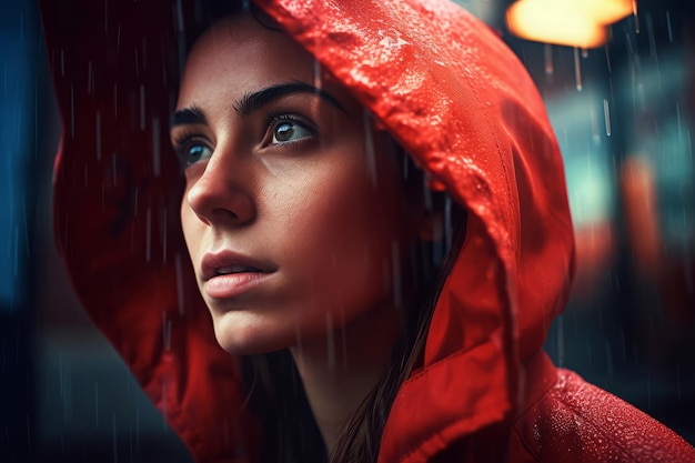 Woman rain red coat positive Social sad Generate Ai