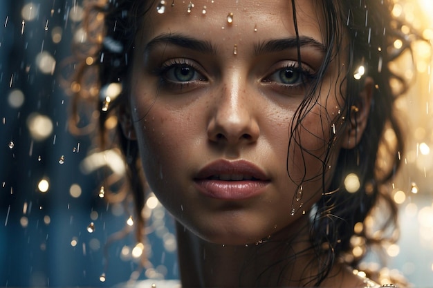 Woman in the Rain with Water Splashing on Her Face