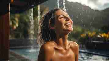 Photo a woman in the rain with water splashing in her hair