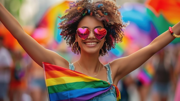 Woman in rainbow dress and heart shaped sunglasses generative ai