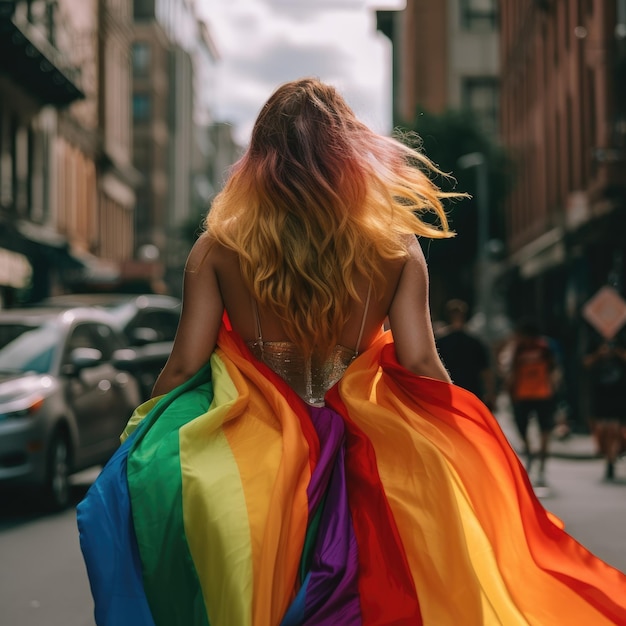 A woman in a rainbow dress walks down a street.