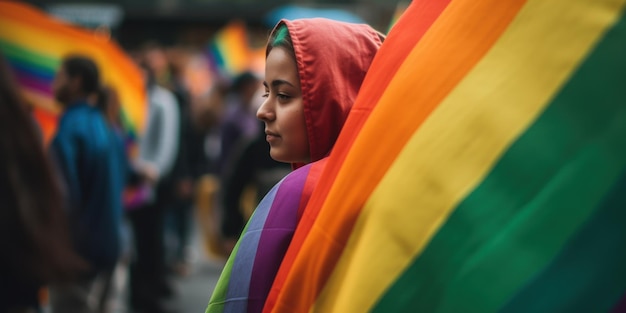 A woman in a rainbow flag is walking in a parade.