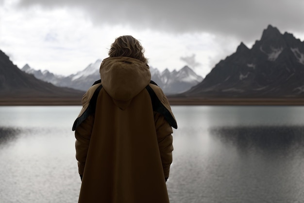Woman in raincoat from behind at peaceful river landscape