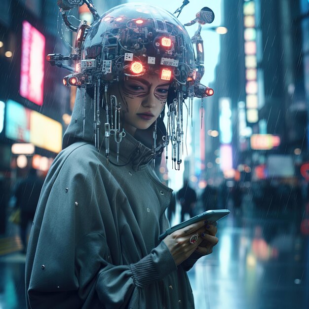 a woman in a raincoat is looking at her phone