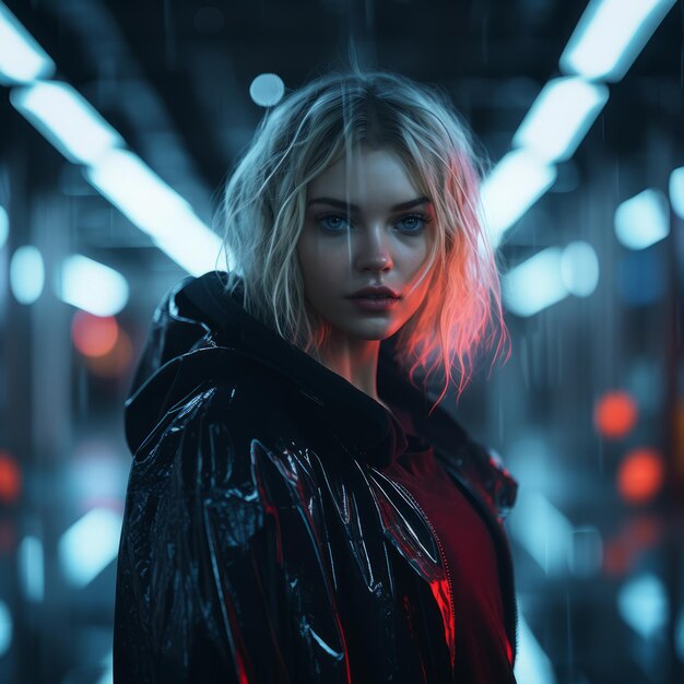 a woman in a raincoat standing in a dark tunnel with neon lights