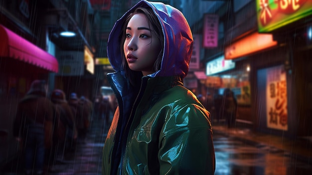 A woman in a raincoat stands in the rain in a rainy city.