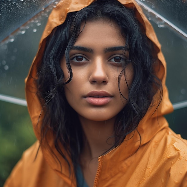 a woman in a raincoat with a raincoat on.