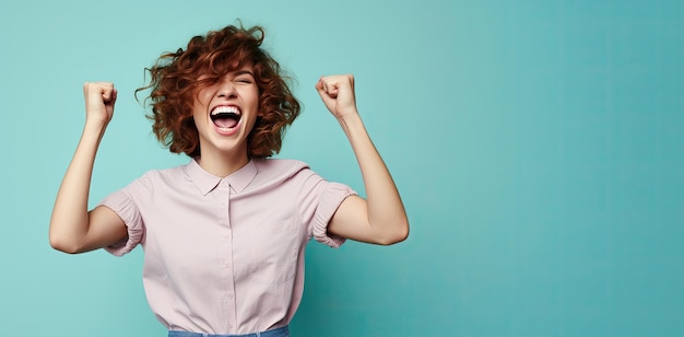 Woman raised both of her fists while screaming Success concept