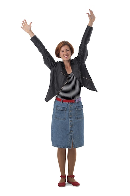 Woman raises her arms