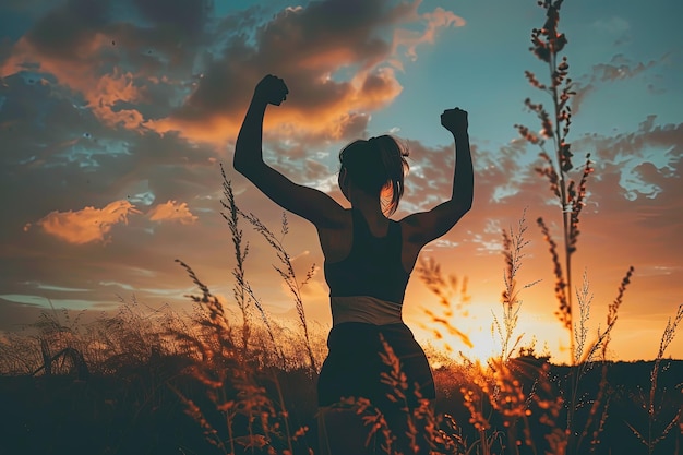 Photo a woman raising her arms in the air at sunset