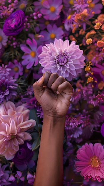 A woman raising her fist in protest for womens rights