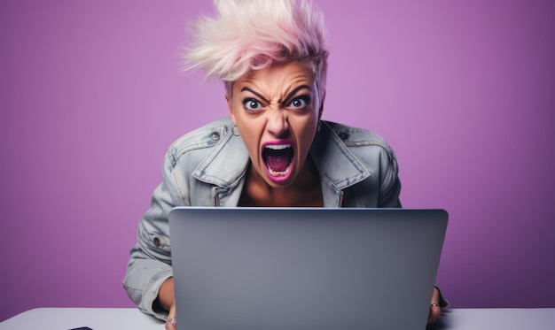 woman ranting on a laptop computer about internet