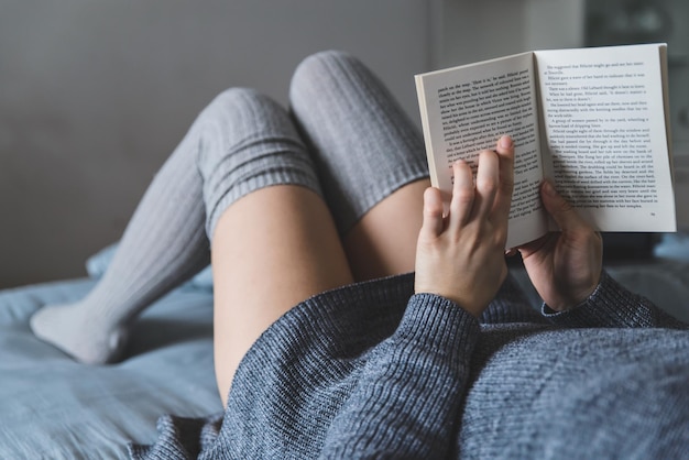 Woman read book in bed. study in bed