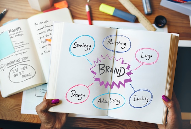 Woman reading about brand from a book