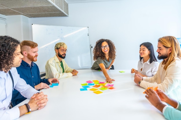 Woman reading adhesive notes during a brainstorming in a meeting