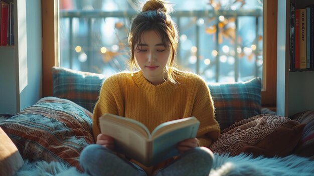 Photo woman reading book on bed