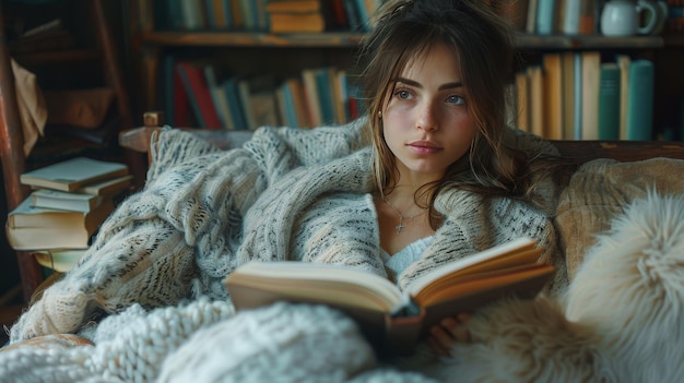 Женщина читает книгу в постели