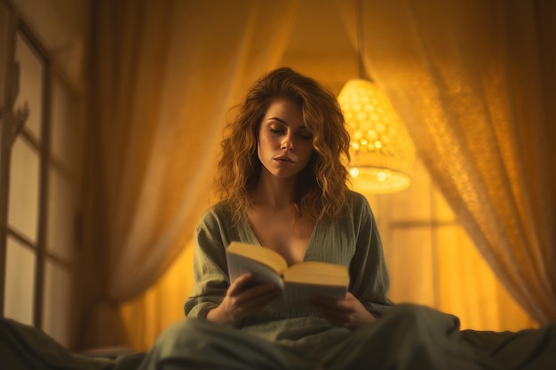 A woman reading a book in a bed