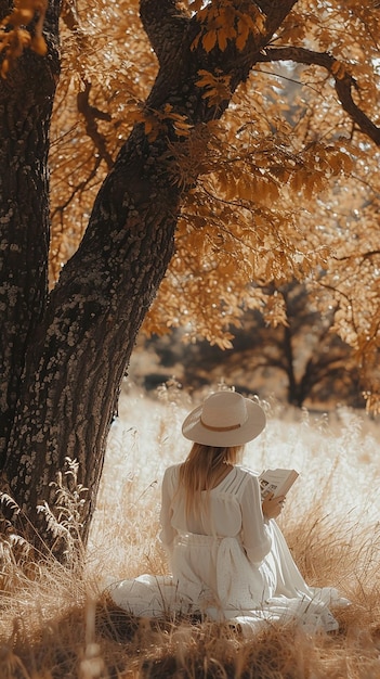 woman reading a book under a big tree