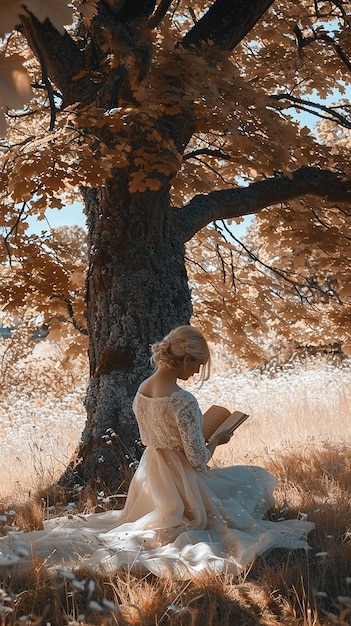 woman reading a book under a big tree