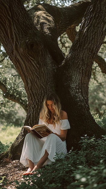 woman reading a book under a big tree