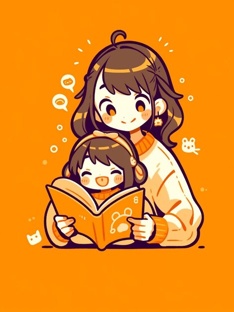 A woman reading a book to a child on an orange background generative ai