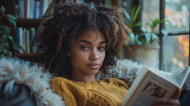 Photo woman reading book on couch