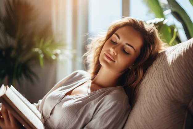 Foto donna che legge un libro sul divano