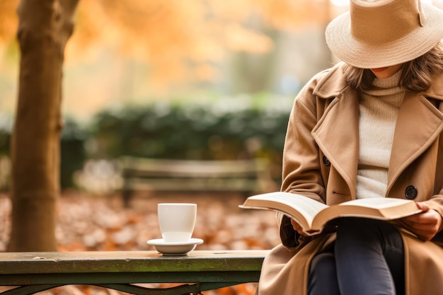 秋の公園で本を読んでコーヒーを飲む女性