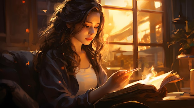 woman reading a book in front of a window with a light shining on her Generative AI